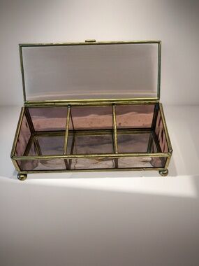 Vintage Brass and Lavender Etched Glass Jewelry Box